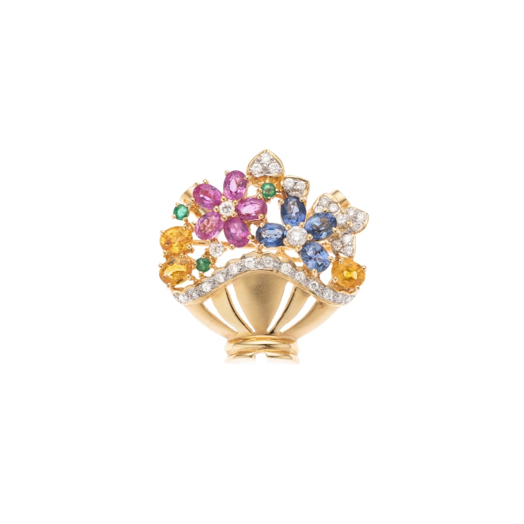33 Diamanten insges. ca. 0,35 ct
12 Saphiere (blau, pink und gelb) insges. ca. 1,95 ct
3 Smaragde insges. ca. 0,12 ct